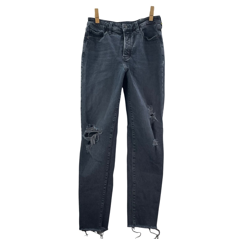 Old Navy O.G. Straight Jeans Womens 10 Tall Black Distressed High Rise Raw Hem